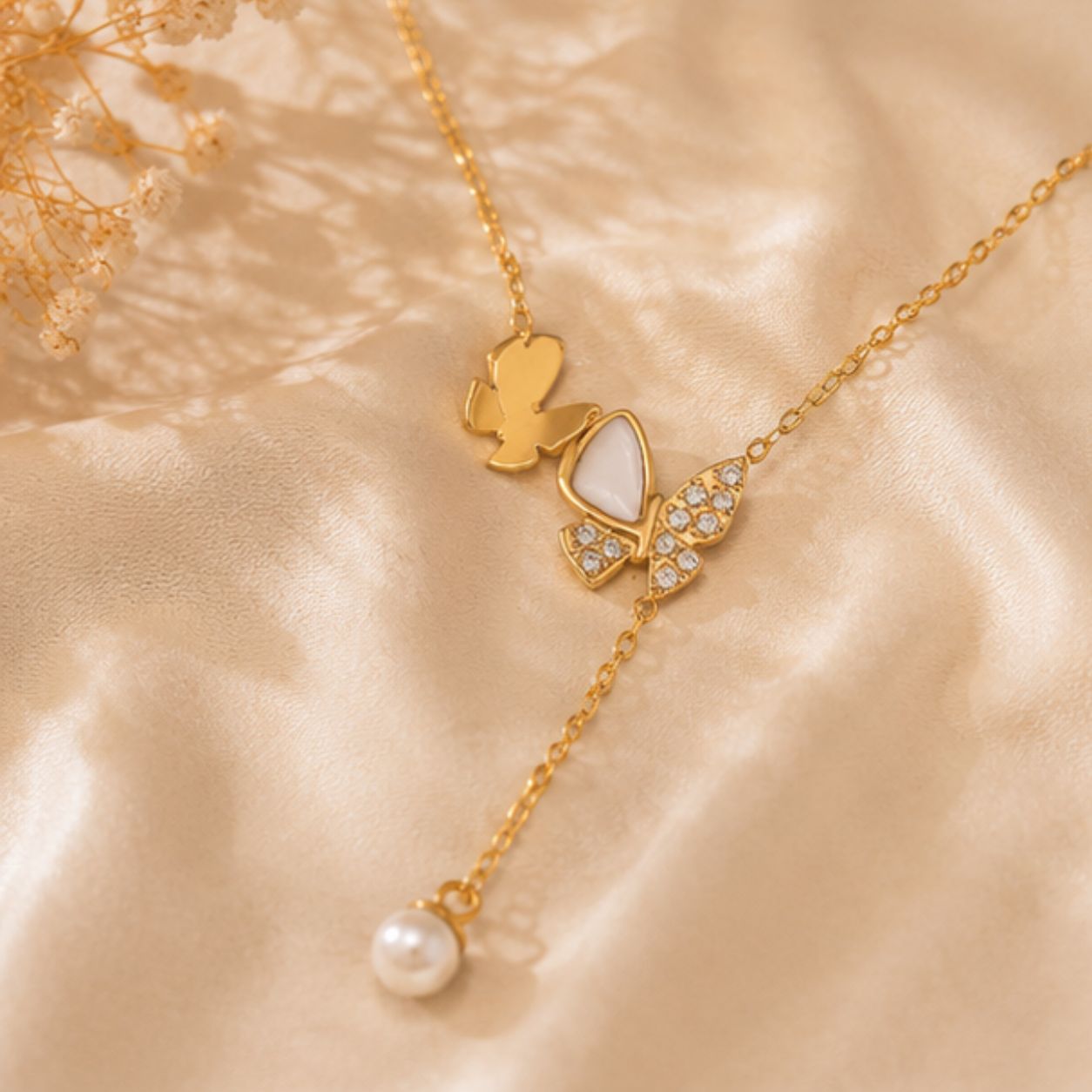 Mira Butterfly Pearl Lariat Necklace