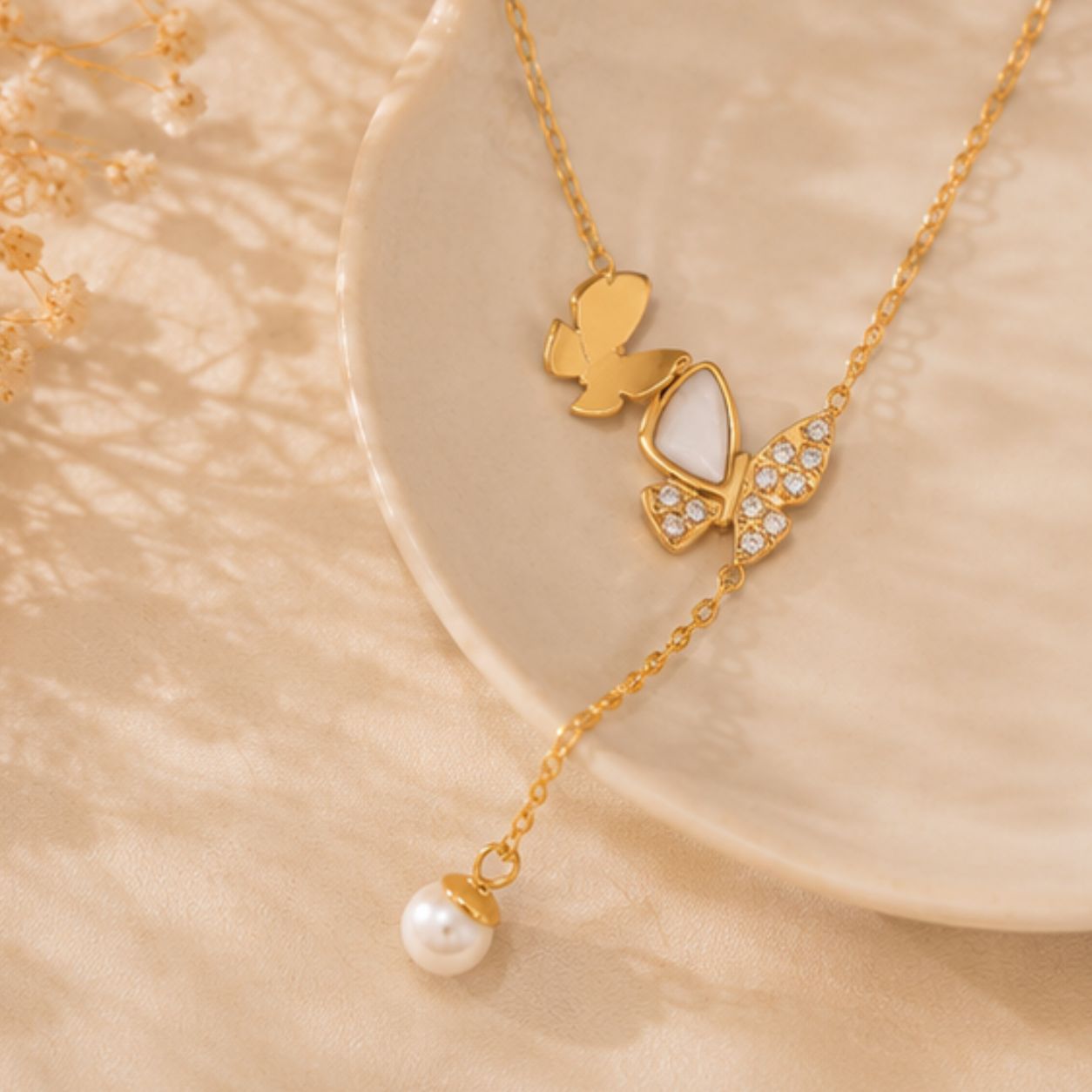 Mira Butterfly Pearl Lariat Necklace