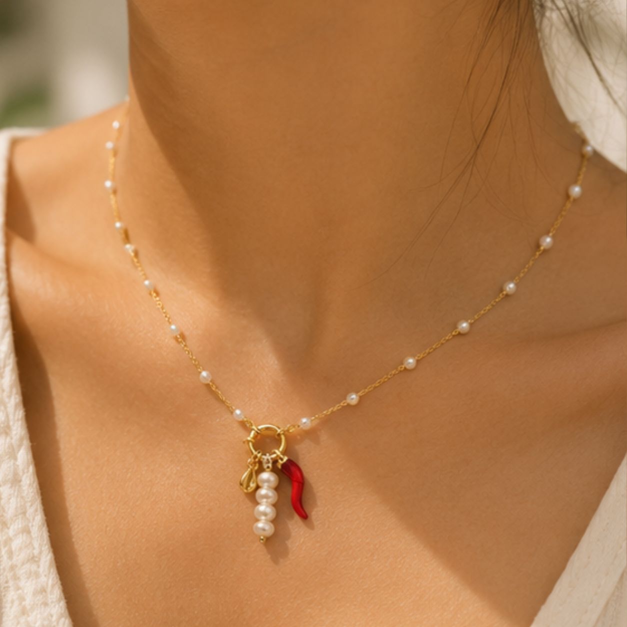 Indie Coral Pearl Charm Necklace