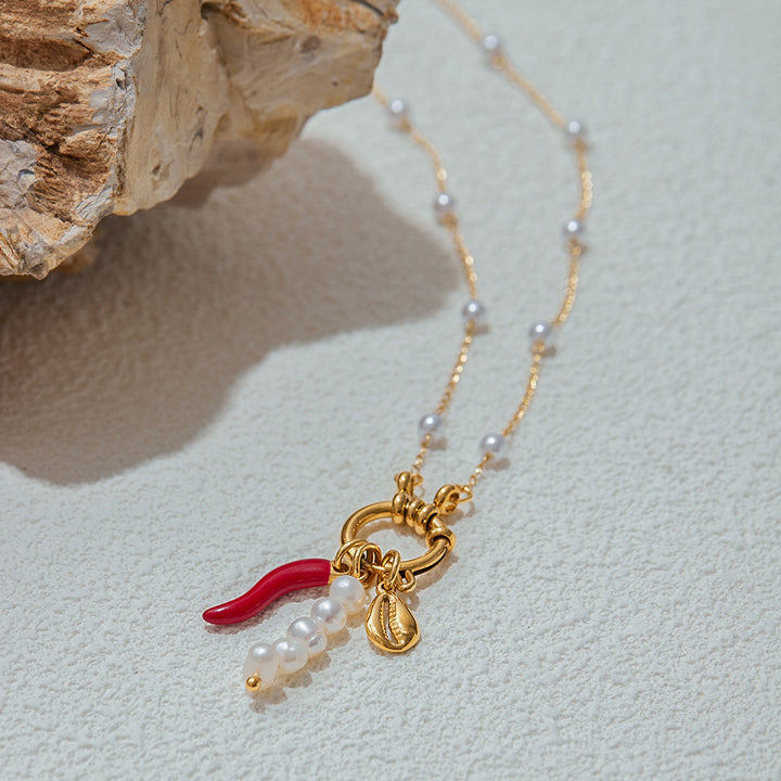 Indie Coral Pearl Charm Necklace