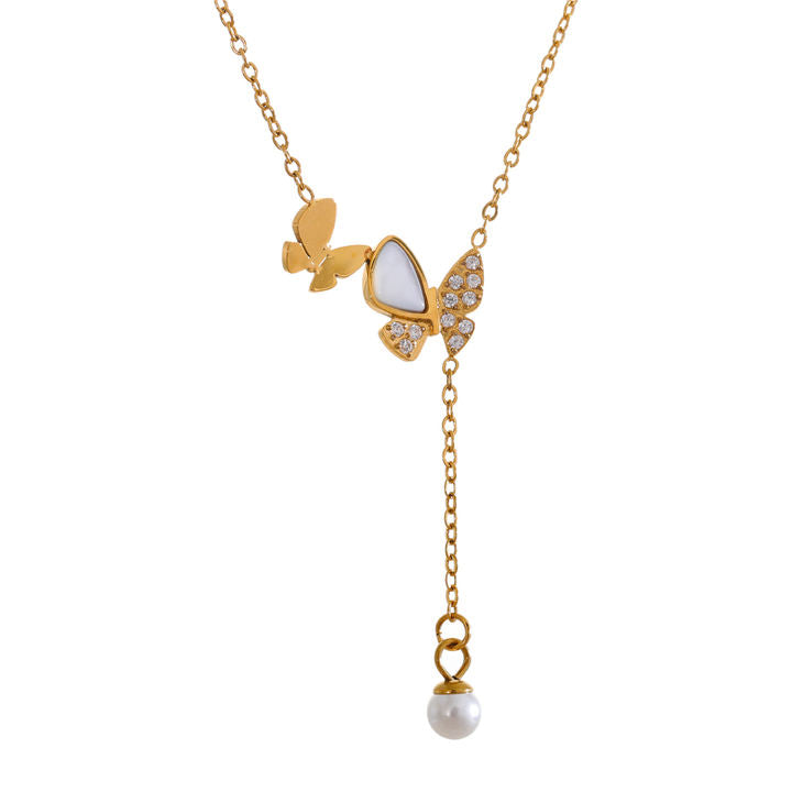 Mira Butterfly Pearl Lariat Necklace