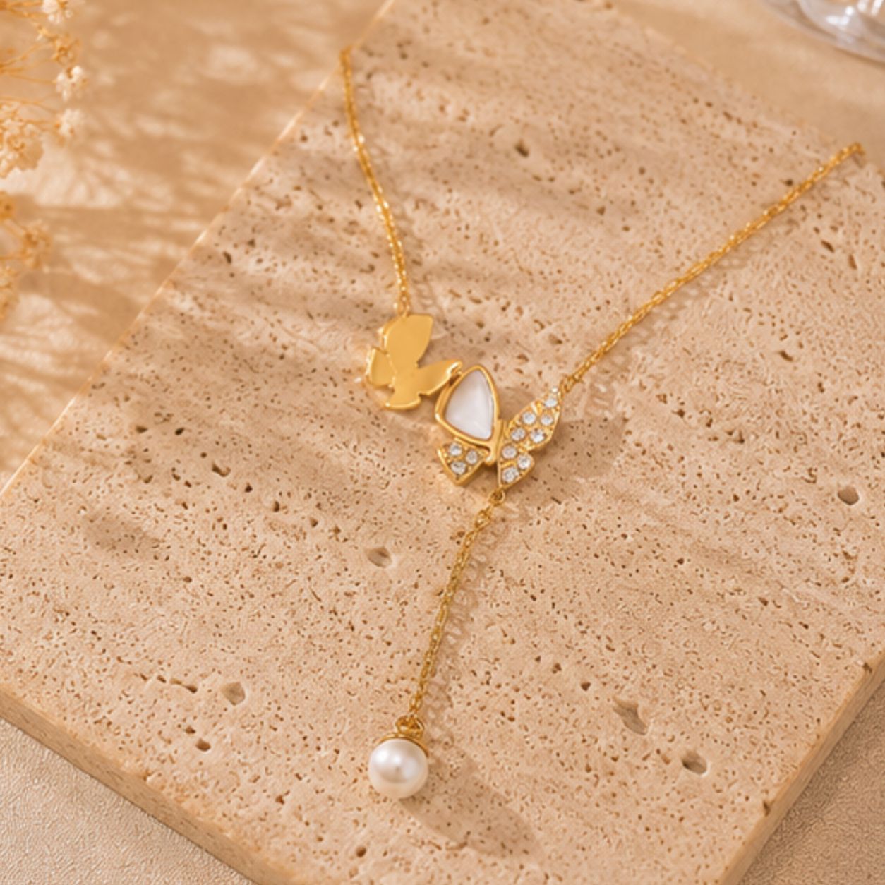 Mira Butterfly Pearl Lariat Necklace