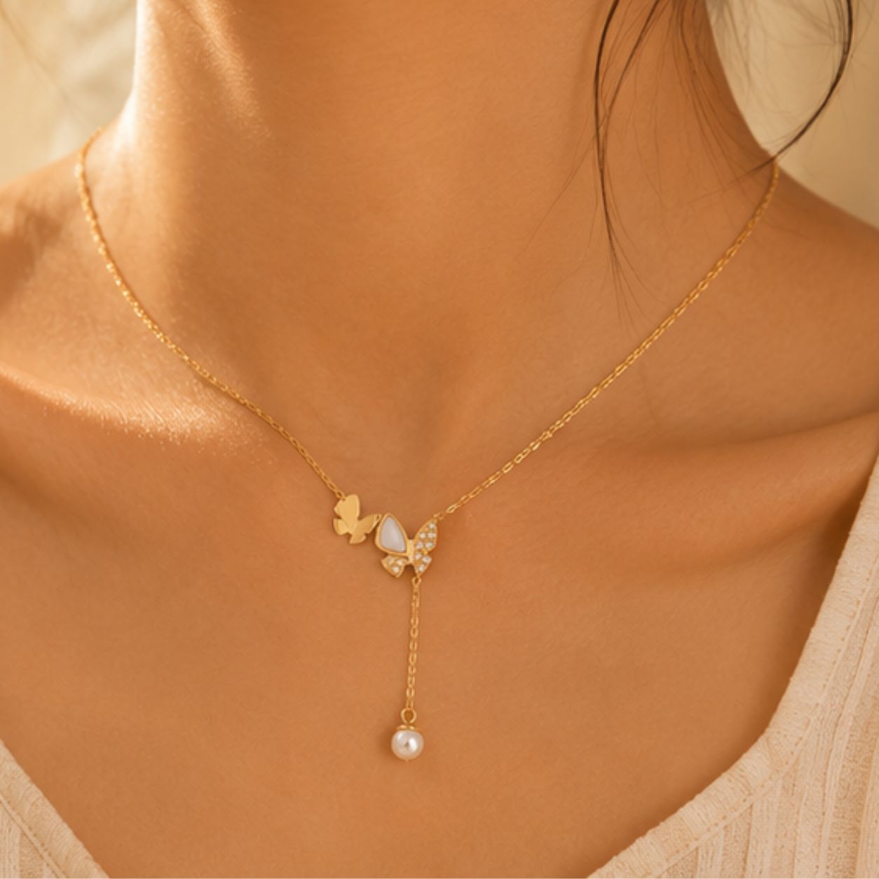 Mira Butterfly Pearl Lariat Necklace