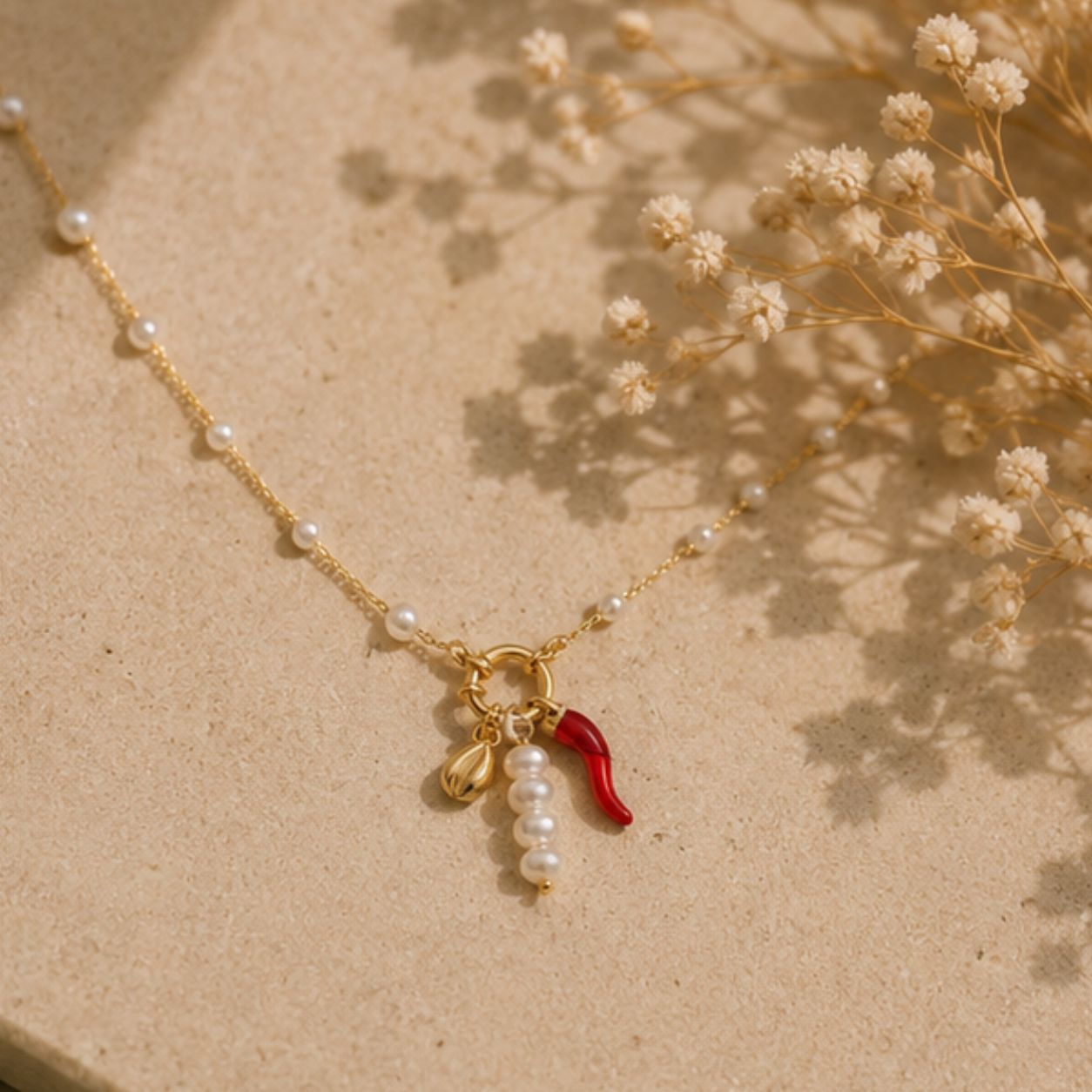 Indie Coral Pearl Charm Necklace