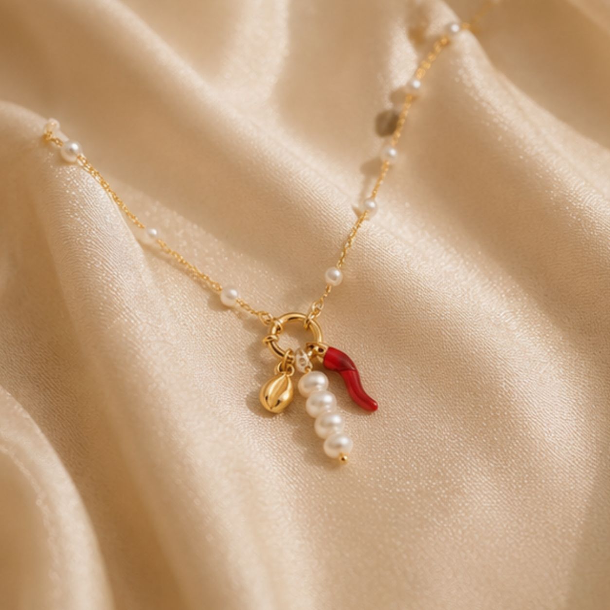Indie Coral Pearl Charm Necklace